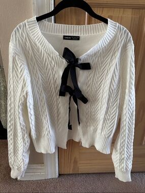 SHEIN White Cable Knit Cardigan with Black Ribbon Ties